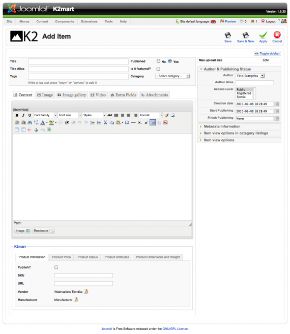 K2 item form with K2mart (1st tab)