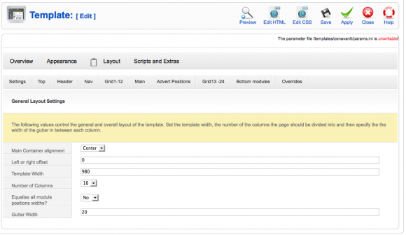 Layout settings in the Zen Grid framework.